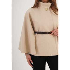 Wholesale Cream <b>Poncho</b> <b>for</b> <b>Women</b> Belt Detail Single Button Trench Coat - Product Image 2