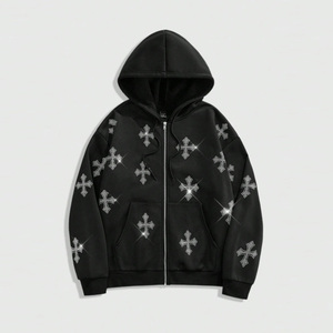 Sweat à capuche zippé personnalisé OEM pour hommes, respirant et doux de haute qualité, design strass 100% coton polaire lourd 400GSM - Product Image 1