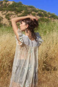 Vestido Casual de Verano con Mangas Abullonadas Blancas y Bordado, Corte en A, Largo Midi, Patrón Geométrico, Tejido de Algodón Transpirable y Ecológico - Product Image 5