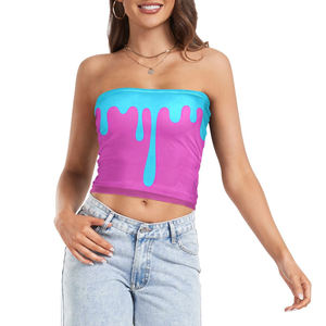 Tops Tubulares sin Tirantes en Rosa y Azul Vibrantes de Moda |   Top Corto Tipo Bandeau con Estampado de Pintura Goteante para Mujer - Product Image 3