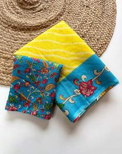 Sari de Lino Suave para Mujer con Hermoso Laheriya y Kalmkari, Blusa Estampada con Latkan de Lujo, Hecho en India - Product Image 6