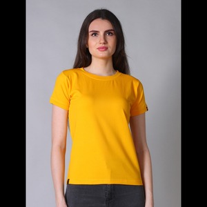 Camiseta básica de media manga con cuello redondo de turmaric estirable Premium para mujer, tela de lona, suministro de verano ODM - Product Image 1