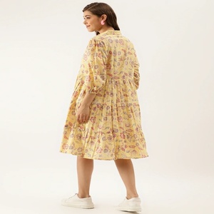 High Quality <b>Yellow</b> Vintage Floral Print 100% Cotton Midi <b>Dress</b> Mandarin Collar ODM Quick Dry Casual Summer Beach Wear - Product Image 3