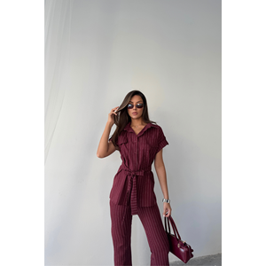 Conjunto de Blusa y Pantalón para Mujer en Poliviscosa con Rayas Borgoña - Product Image 5