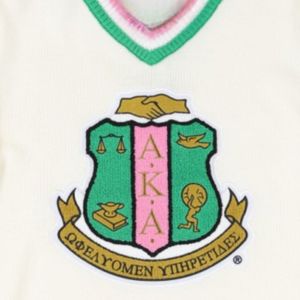 AKA maglione con scollo a V in avorio HBCU greco abito da confraternita ricamato con stemma rosa strisce verdi stile College abbigliamento greco lettera - Product Image 3