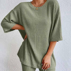 Conjunto Casual de Dos Piezas para Mujer, Top de Manga Corta con Cuello Redondo, Color Sólido, Logotipo Personalizado, Conjunto de Shorts Sexys de Spandex/Algodón, Verano 2026 - Product Image 6