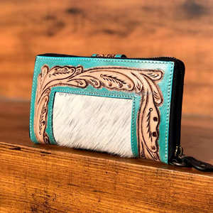 Patrón occidental, billetera tallada a mano, borde de embrague con color turquesa, billetera de piel de vaca, billeteras de usos múltiples - Product Image 5