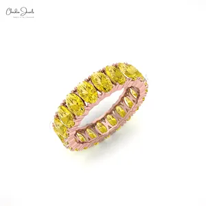 Top Deal anillo de eternidad de zafiro amarillo Real 14K oro boda banda para mujeres 5x3mm corte ovalado banda de piedras preciosas naturales al precio de oferta