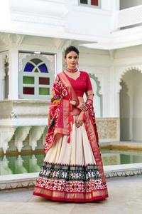Qualité d'exportation indienne robe étonnante Tussar soie Lehenga Choli & Dupatta avec imprimé Patola et feuille travail femme mode exportateur - Product Image 5
