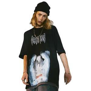 T-shirt en jersey extra long noir pour homme, style hip-hop |   T-shirt streetwear à col rond |   Haut décontracté à motif imprimé - Product Image 1