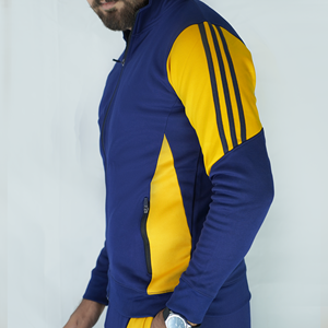 Chaqueta de chándal con cremallera completa para hombre personalizada al por mayor contraste amarillo Azul Panel transpirable poliéster tejido ropa deportiva Fitness OEM ODM - Product Image 2
