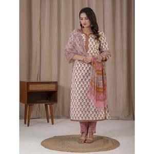 ชุดคุรตะผ้าฝ้ายพิมพ์ลายมือสีขาวเหลือง แขนสามส่วน สำหรับใส่ในชีวิตประจำวัน - Product Image 4