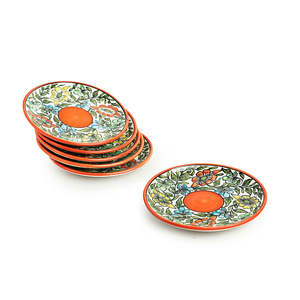 Juego de 6 Platos Laterales/Tercioplatos de Cerámica Multicolores Naranja Pintados a Mano con Diseño Bohemio Mughal Bagheecha, Aptos para Microondas - Product Image 5