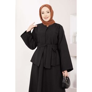 Ensemble jupe et veste décontracté et formel, design asymétrique avec boutons dorés, ceinture et couleur noire - Product Image 2