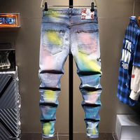 Jeans skinny droits déchirés et vieillis avec des éclaboussures de peinture personnalisées, pantalon vintage, jeans brodés et rapiécés pour hommes