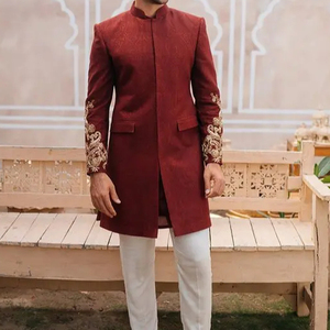 2023 New Trendy Beautiful Gold Zardozi Embroidery on Maroon Silk Sherwani with <b>Pant</b> Dress Plus Size Party-Wear/Wedding Ensemble - Product Image 1