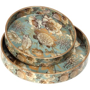 Diseño Floral Esmalte Acabado Primera Calidad Madera Forma Redonda Juego de 2 Bandeja de Servicio Hogar y Hotel Utensilios de cocina Suministros - Product Image 1