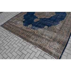 Alfombra Vintage de 9.5x12.8 pies, Alfombra Turca Azul a Cuadros de Lana - Product Image 3