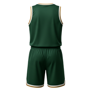 Ensemble d'uniformes de basketball vert foncé respirant à col en V sans manches, avec bordure or et blanc, impression de logo personnalisée, séchage rapide – Vente chaude - Product Image 3