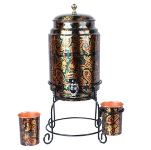 Handmade 8-Litre Copper Metal Matka <b>Water</b> <b>Dispenser</b> 2 Glass Stand Pure Copper Ayurvedic Health Benefits <b>Home</b> Office Party - Product Image 1