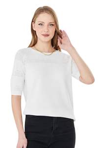 Blusa de punto calado de manga corta para mujer - Suéter de primavera con cuello redondo y diseño hueco - Top de punto de ganchillo suave y transpirable para damas - Product Image 3