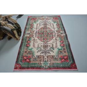 Tapis Vintage en Laine Turque de 3.8x6,5 pieds Patchwork Rouge et Vert Tissage Plat pour Décorations de Salon Support en Latex - Product Image 1