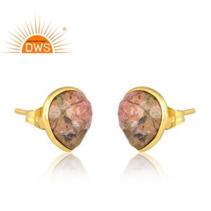 Meilleure vente de boucles d'oreilles en laiton plaqué or 18 carats avec pierres précieuses naturelles Unakite Demi Fine Jewelry Manufacturer - Product Image 3