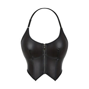 Haut corset en cuir noir style punk pour femme avec fermeture éclair sur le devant et bretelles réglables - Design dos nu sexy pour l'été - Product Image 1
