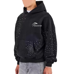 Custom Pullover Hoodie Men Streetwear Screen Printing Logo Vintage <b>Acid</b> Wash Oversized <b>Drop</b> Shoulder Rhinestone Hoodie - Product Image 3