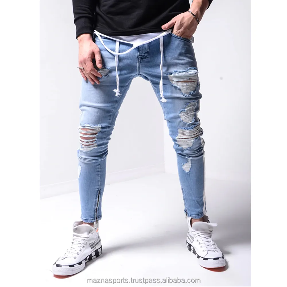 New fashion Side white stripe Distressed Ripped Stretch Streetwear Denim pant Men Slim fit Knee Holes hip hop skinny jeans