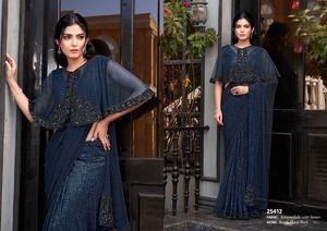 บอลลีวู้ดสารีผ้าไหมซาร์ตินฟลอเรนซ์ส่าหรีที่มีชิ้นส่วนเสื้อที่มีการพิมพ์สกรีนผ้าไหม - Product Image 5