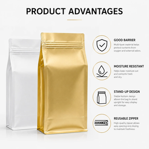 Sacs à café à fond plat de haute qualité sans valve avec fermeture éclair, emballage en aluminium personnalisé avec logo, 100g 250g 500g <span class=keywords><strong>1kg</strong></span>, vente en gros OEM - Product Image 4