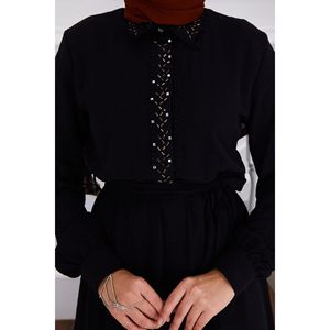 Black Stone Detailed Cintura plisada Hijab Vestido modesto - Product Image 1