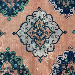 Tapis turc 3,2x12,7 pieds, tapis floral bleu et marron en laine - Product Image 5