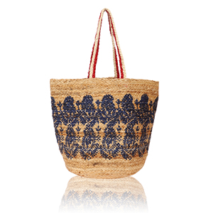 Grand sac de plage en jute avec motif de lettres bleues, poignées en corde rouge, ouverture supérieure, style bohème - Product Image 1