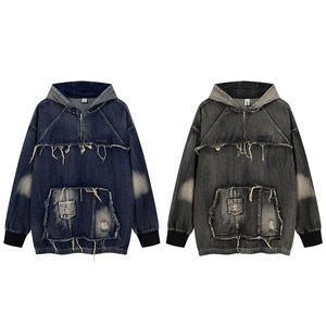 Nueva tendencia de moda Sudaderas con capucha de mezclilla Estilo Wasteland Costura lavada Hombres Casual Regular Fit Invierno Impreso 100% Algodón - Product Image 5