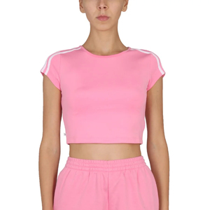 Camiseta de diseño para mujer, Top corto ajustado de color rosa con rayas y mangas cortas - Product Image 1