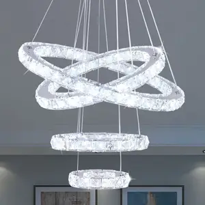 Adjustable 20*30*40*5cm Modern 4 Ring LED Crystal Chandelier Pendant Light Ceiling Lamp for Living Room Bedroom Dining Room