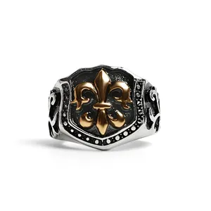 Anillo De acero inoxidable chapado en oro De 18K, joyería Unisex De grado superior, Escudo De flor De Lis, oferta