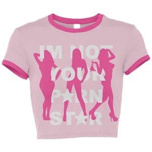 Women Crop Top shirt premium <b>combed</b> cotton jersey breathable pink contrast rib trim screen print logo Breathable Crop Top Shirts - Product Image 1