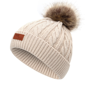 Knit Winter Leather Patch Logo Beanie <b>Hats</b> Pom Pom Knitted Bobble <b>Hat</b> Custom - Product Image 1
