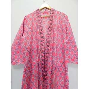 Albornoz de algodón de verano Kimono Block Impreso Floral Ropa de dormir Ropa de playa larga con cinturón Camisón de fabricante al por mayor - Product Image 2