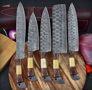 Mango de resina hecho a mano de acero de Damasco forjado, juego de cuchillos de Chef de 5 piezas, juego de cuchillos de cocina para rebanar - Product Image 2