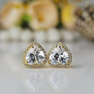 Pendientes de tuerca de Halo de diamante CZ con corte de corazón de 6mm | Pendientes de empuje solitario 1,99-3.99CTw Oro Plata | Boda nupcial Fina - Product Image 2