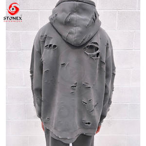 Sweat à capuche en coton personnalisé effet trou lourd Sweat à capuche vieilli anti-rétrécissement lavé pour hommes - Product Image 6