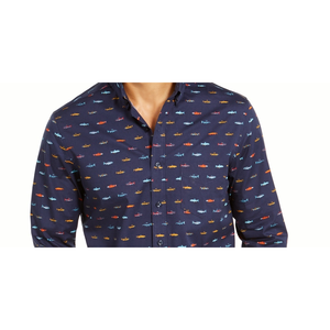 Camicia da Uomo Elasticizzata con Stampa di Pesci, Vestibilità Regolare, Tessuto Popeline, Taglia Small, Blu - Product Image 2