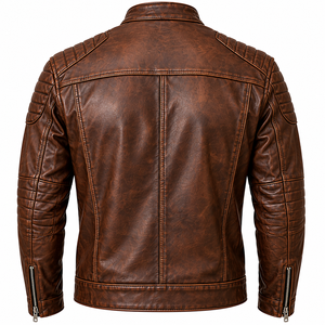 Men Distressed Vintage Genuine Leather Bomber Jacket Biker Retro Cafe <b>Racer</b> Motorcycle Cowhide Zipper Street Stylish Casual - Product Image 2