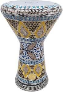 Gawharet El Fan, Tambor Darbuka Doumbek de 17.5 Pulgadas con Incrustaciones de Madreperla Azul y Amarilla, Estrella Geométrica, Dumbek Tabla, Percusión Egipcia - Product Image 2