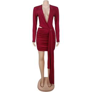 <span class=keywords><strong>Robe</strong></span> Courte Sexy <span class=keywords><strong>Femme</strong></span> C7607 à Col Plongeant Uni avec Ruban, Coupe Ajustée, Volants à Nouer sur le Devant, Mini-<span class=keywords><strong>Robe</strong></span> de Soirée/Cocktail - Product Image 6