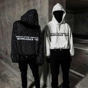 เสื้อฮู้ดดี้ผู้ชายแบบสตรีทแวร์ปี 2026 ตกแต่งด้วยคริสตัลทั้งตัว ปักลาย ทรงโอเวอร์ไซส์ ทรงบ็อกซี่ ซิปหน้า - Product Image 2
